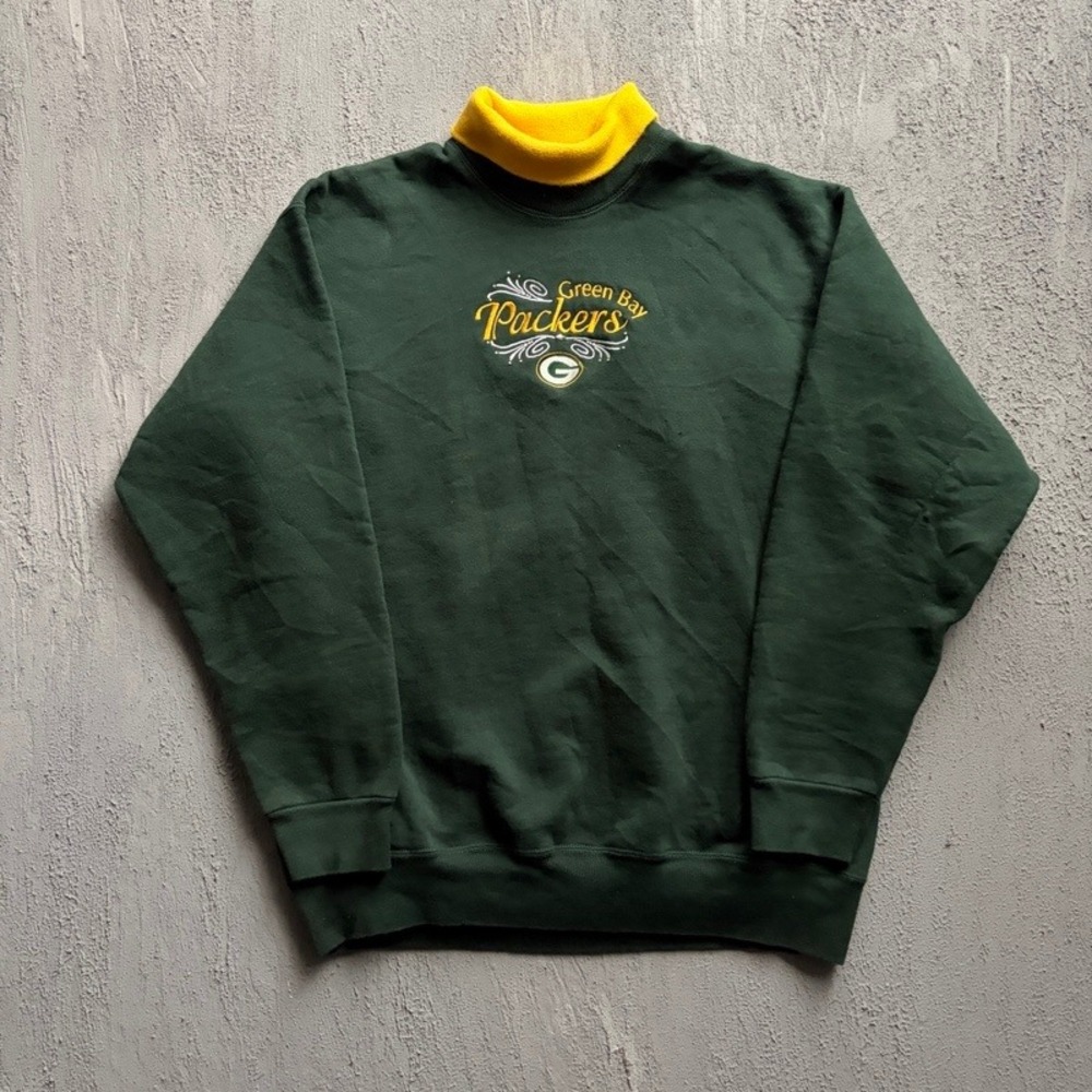 Vintage Green Bay Packers Sweatshirt XL Green 1990s Mock Neck Embroidered
